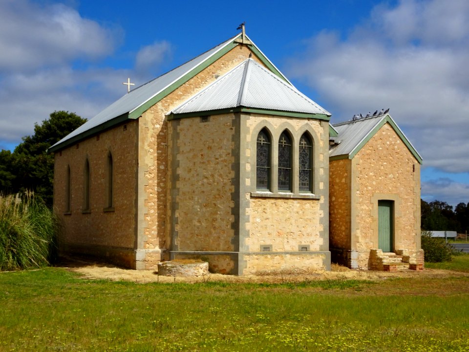 Milang. Rear view of the Anglican Church. Built in local limestone in 1911.