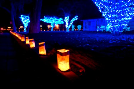 Luminarias with blue Christmas lights