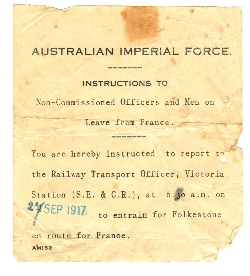 Entrain Instruction to journey from England to France, September 1917.