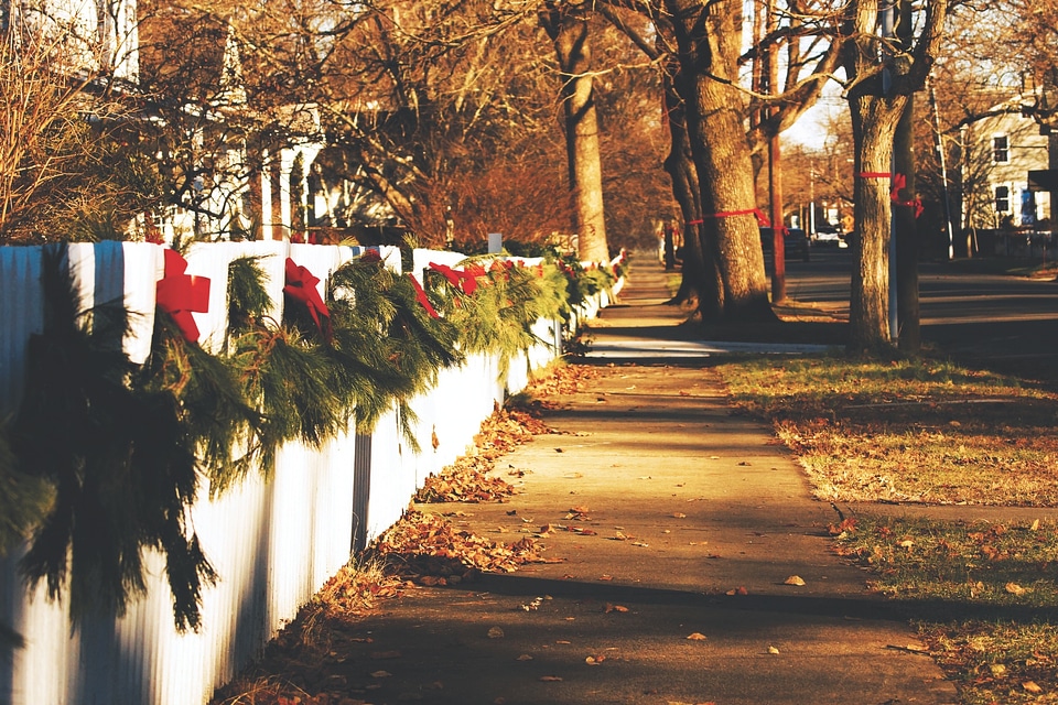 Leaves white fence red ribbons