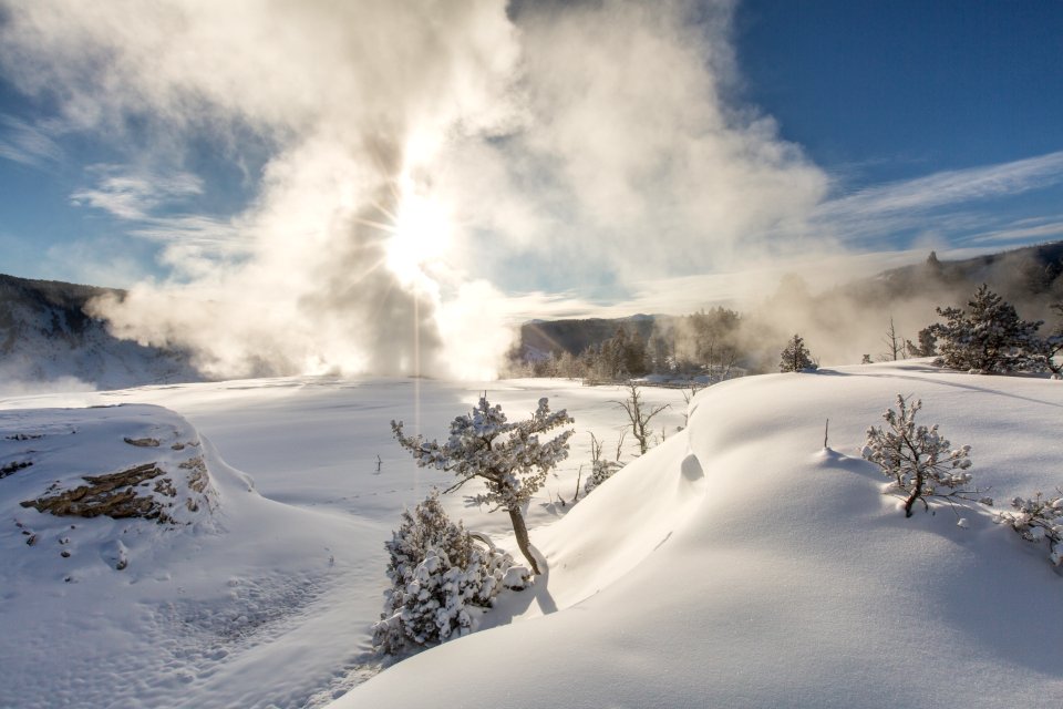 Snowy sunrise, Mammoth Hot Springs