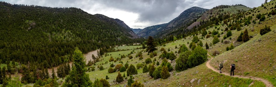 Backpackers hiking into the Black Canyon of the Yellowstone (panorama)