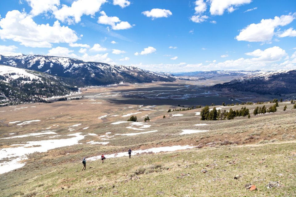 Hikers exploring Lamar Valley east of the confluence