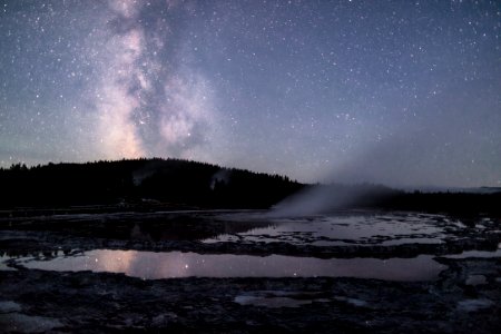 Milky Way reflecting in the pool of Great Fountain Geyser