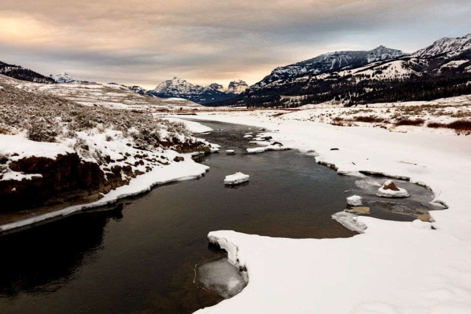 Winter sunrise over Soda Butte Creek facing north