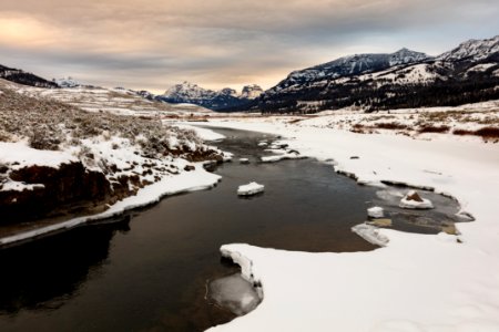 Winter sunrise over Soda Butte Creek facing north
