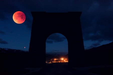 In-camera double exposure: Super Blue Blood Moon at Roosevelt Arch