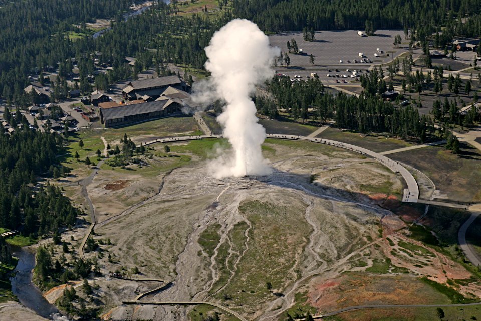 Aerial view of Old Faithful Geyser and Old Faithful Lodge