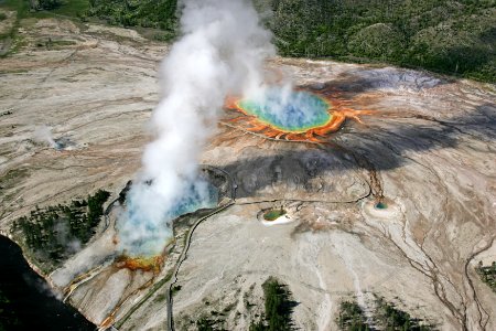 Aerial view of Excelsior Geyser and Grand Prismatic Spring