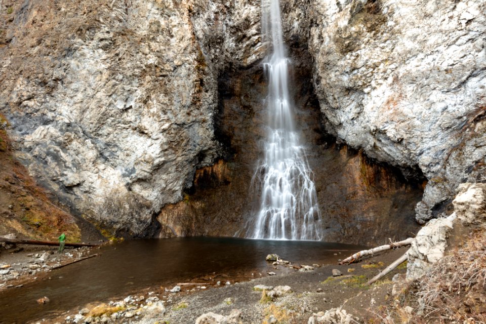 Fairy Falls and pool with hiker