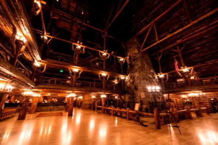 Old Faithful Inn lobby at night photo