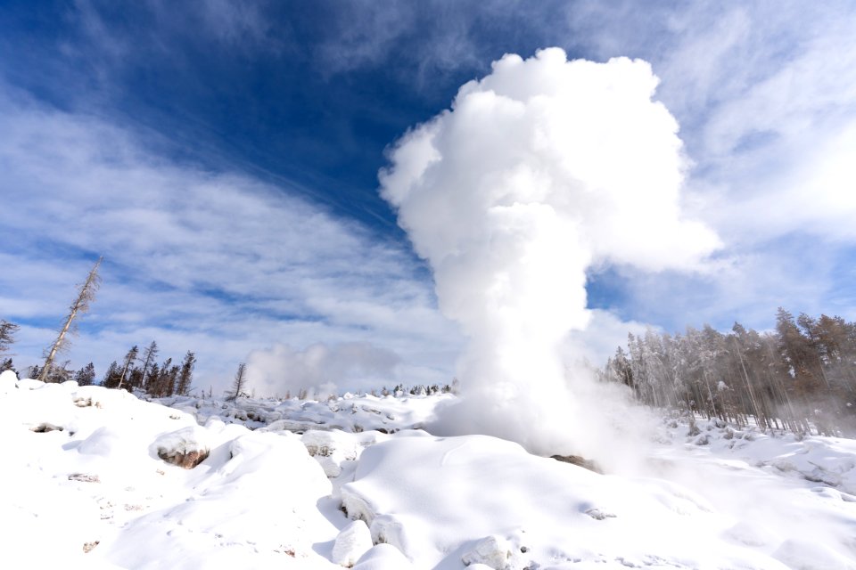 Steamboat Geyser steam cloud on a cold winter morning