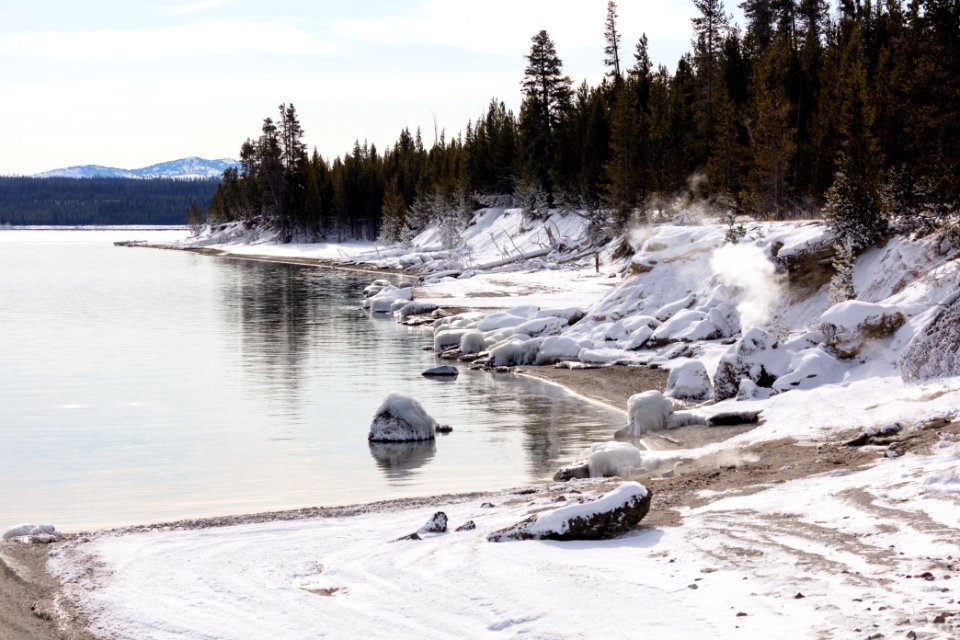 The snowy shoreline of West Thumb Geyser Basin before the freeze