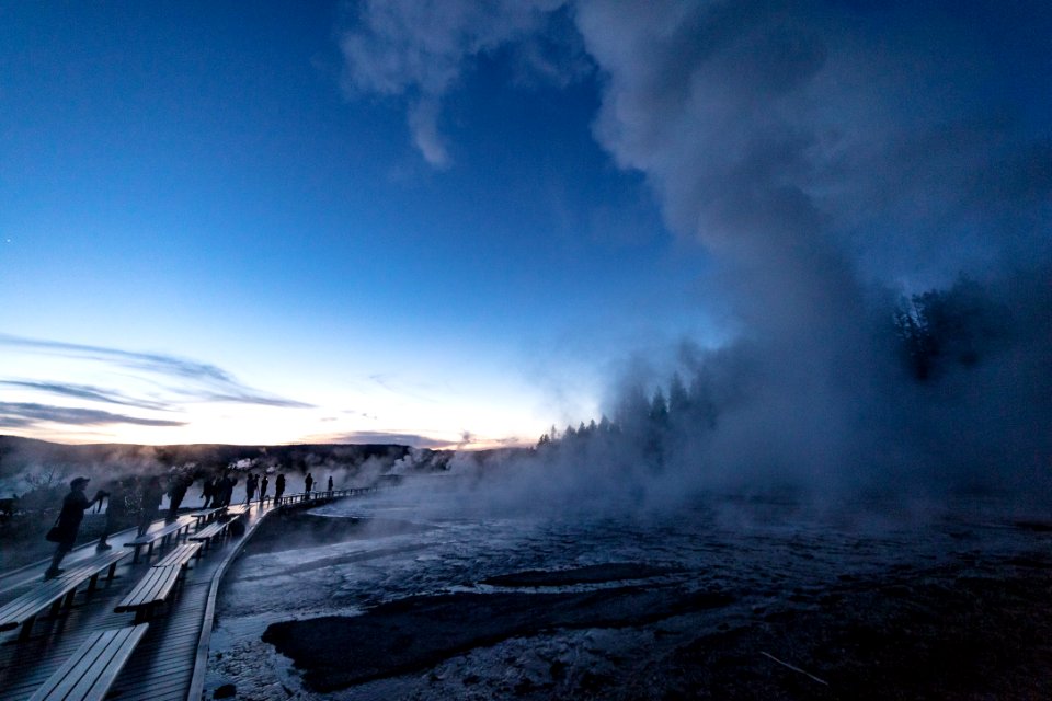 Grand Geyser eruption during the blue hour