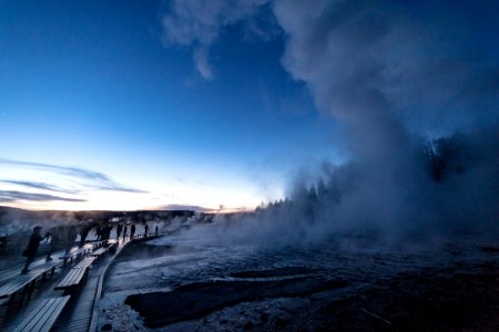 Grand Geyser eruption during the blue hour