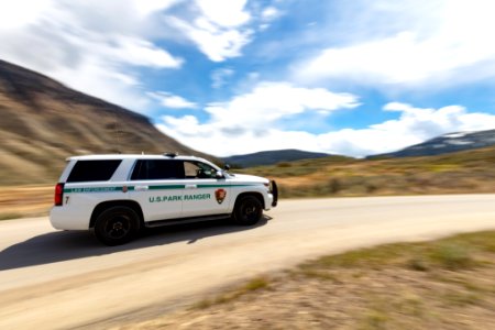 Park ranger vehicle in Mammoth Hot Springs
