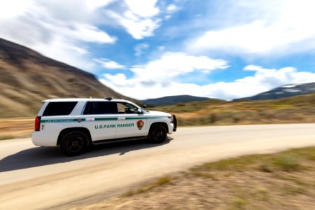 Park ranger vehicle in Mammoth Hot Springs photo