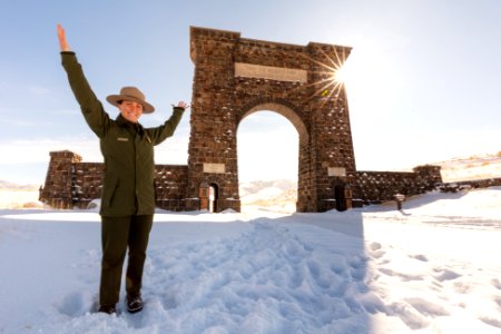 Park Ranger Lydia Faller at Roosevelt Arch