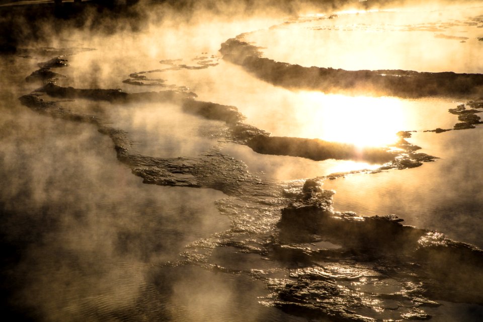 Great Fountain Geyser terraces at sunset