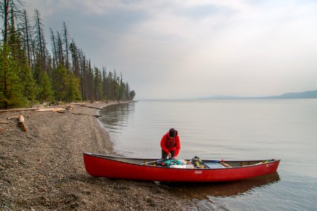 Canoeist on Yellowstone Lake photo