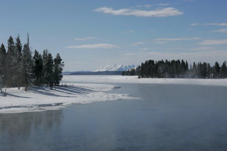 Outlet of Yellowstone Lake with Mt. Sheridan in background photo