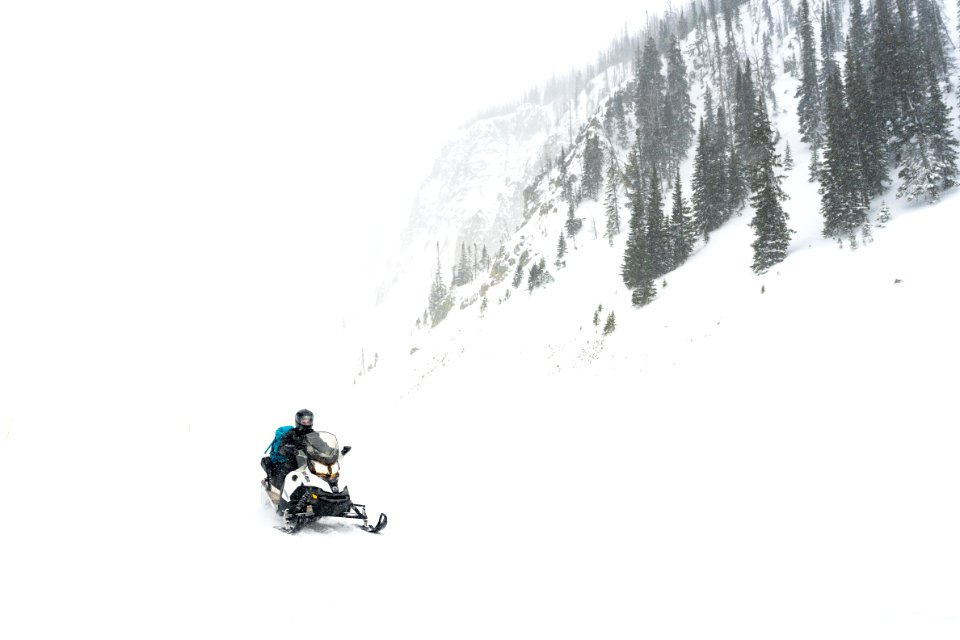 Snowmobiler riding westbound over Sylvan Pass during a snow storm (2)