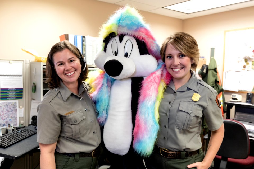 Heather and Sara posing with some of the items in lost and found