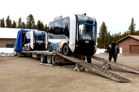 T.E.D.D.Y. (The Electric Driverless Demonstration in Yellowstone) vechicles arrive in the park. (2) photo