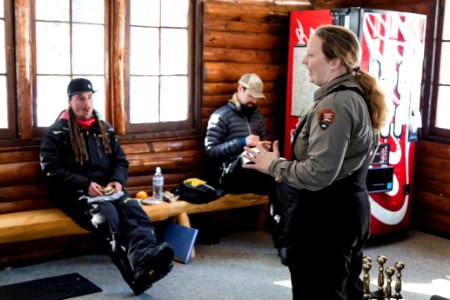 Ranger Sarah at the Fishing Bridge Warming Hut