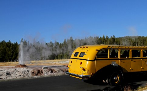 Touring bus and Pink Cone Geyser