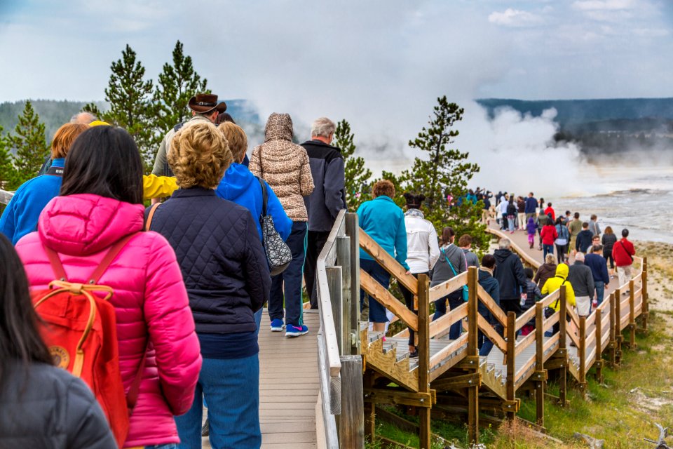 Crowded boardwalk in the Lower Geyser Basin