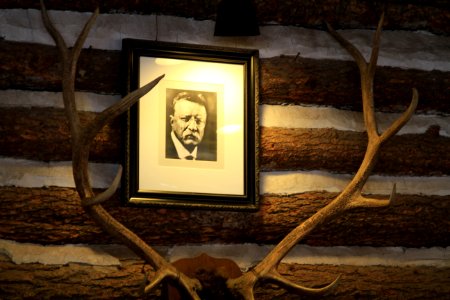 Roosevelt Lodge, photo of Teddy Roosevelt on wall above elk antlers