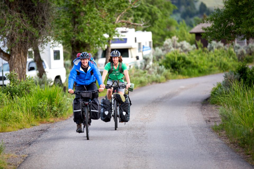 Bikers arrive at the Mammoth Hot Springs Campground