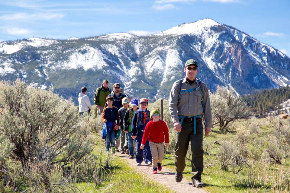 Ranger Mike leads a hike near Mammoth Hot Springs