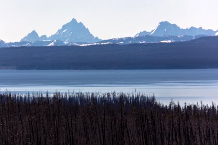 Grand Teton, Mount Moran, and Yellowstone Lake from the east entrance Road