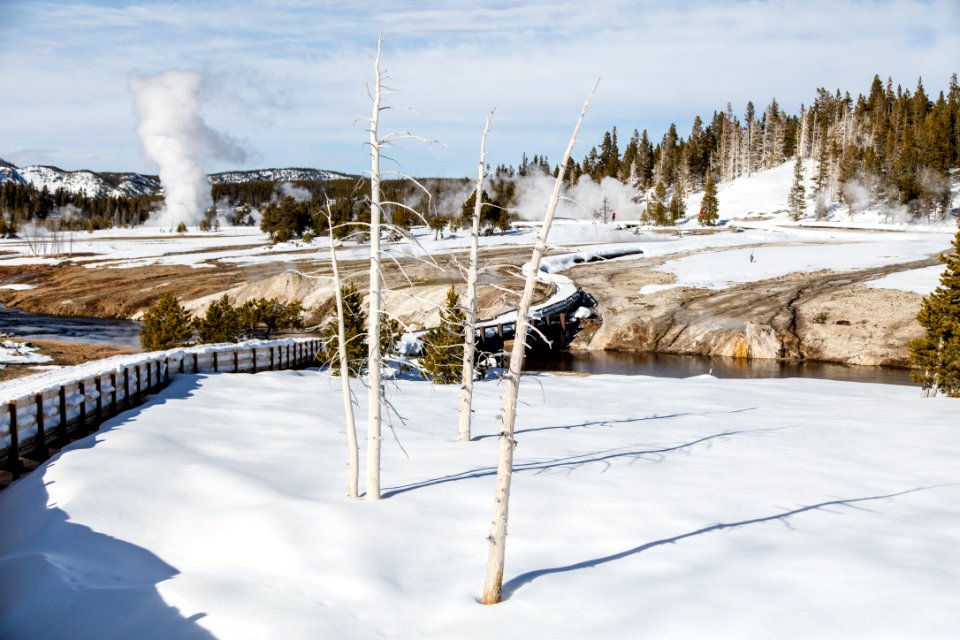 Firehole River, boardwalk, and Oblong Geyser