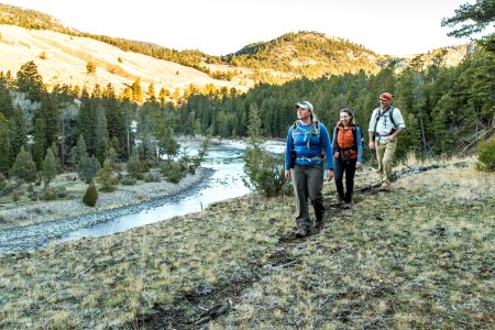 Hikers along the Yellowstone River near Garnett Hill
