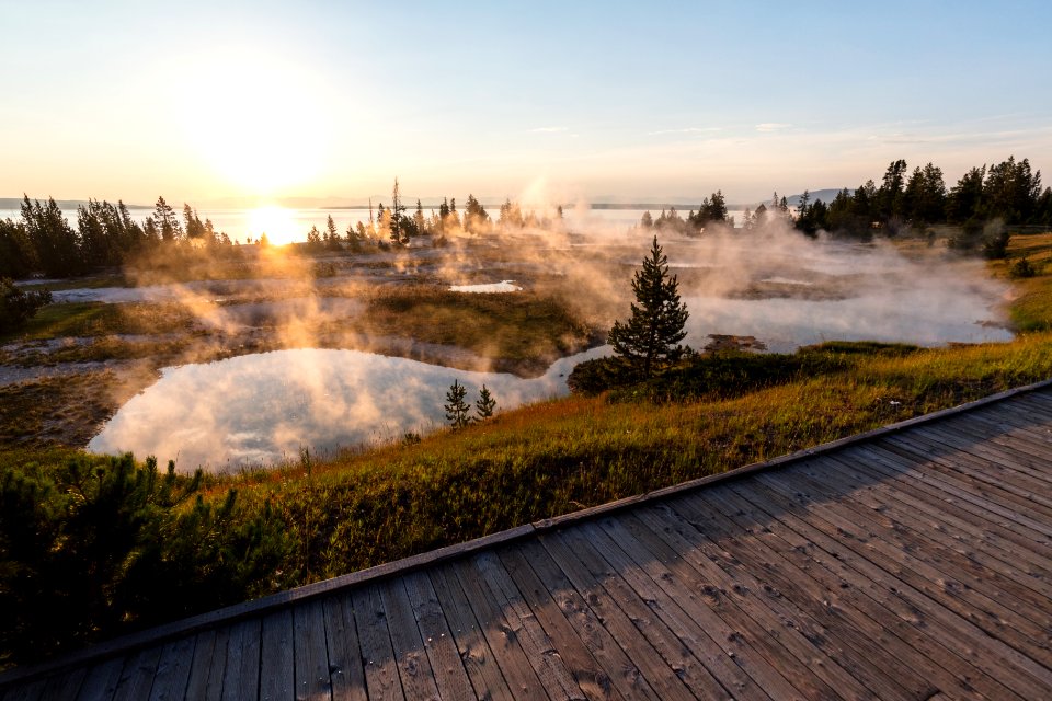 West Thumb Geyser Basin sunrise and boardwalk