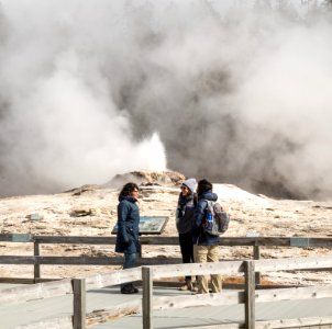 Visitors at Bijou Geyser in Upper Geyser Basin