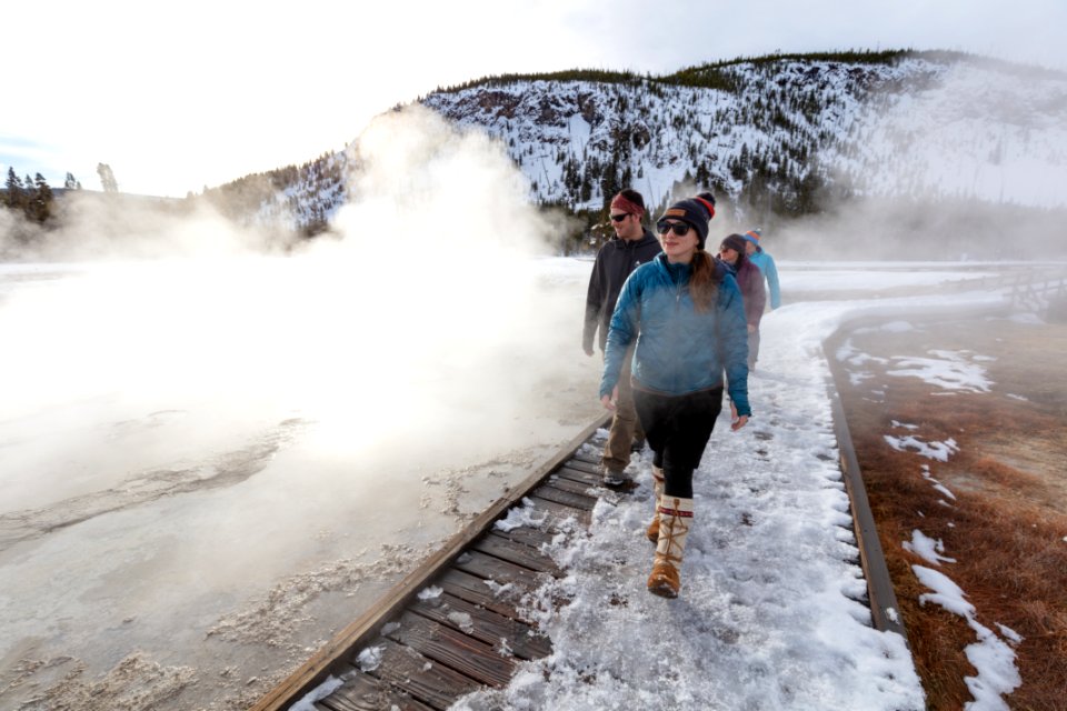 Taking in the winter views of Black Sand Basin from the boardwalks