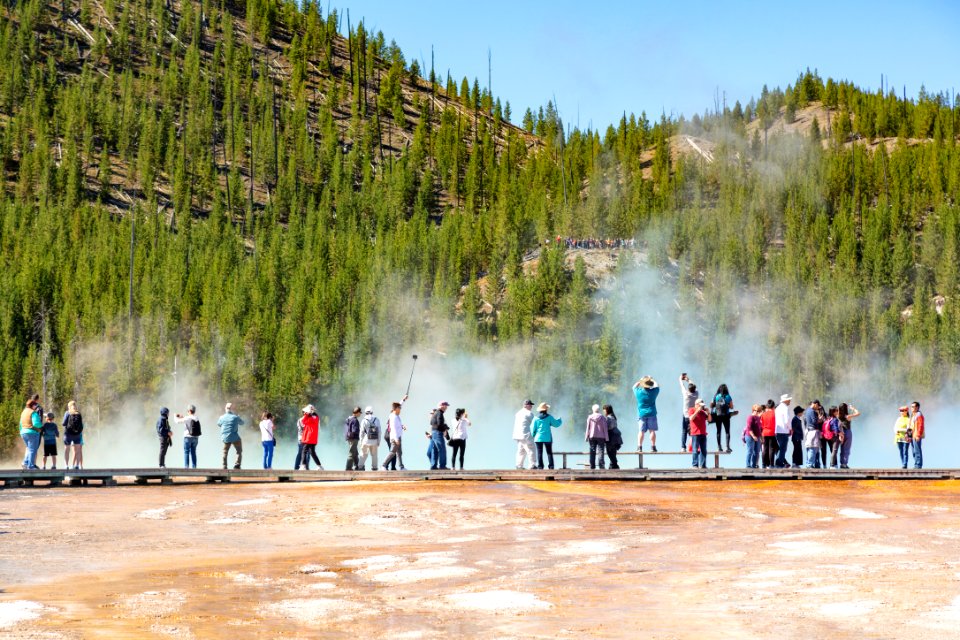 People exploring the Midway Geyser Basin boardwalks near Grand Prismatic (3)