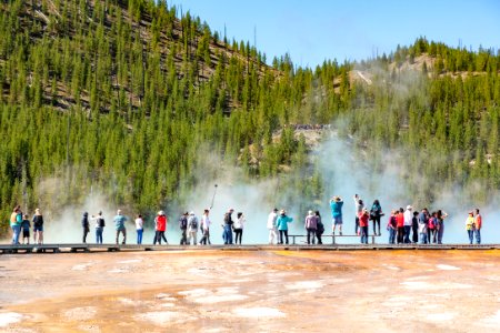 People exploring the Midway Geyser Basin boardwalks near Grand Prismatic (3) photo