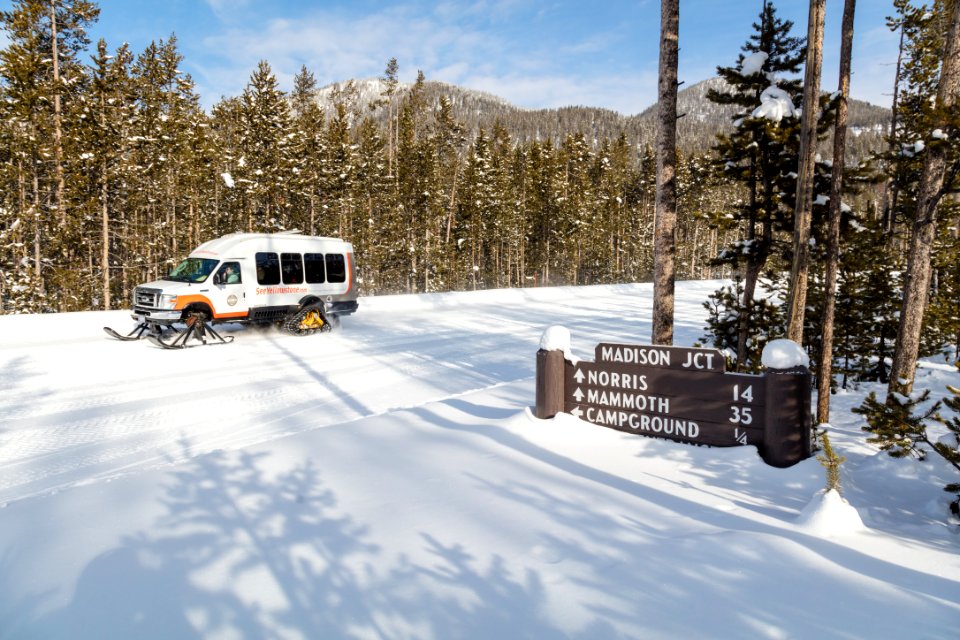 Snowcoach headed southbound from Madison Junction