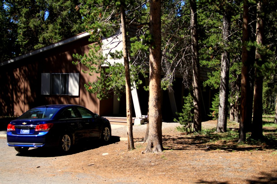 Lake Lodge, car parked in front of cabin