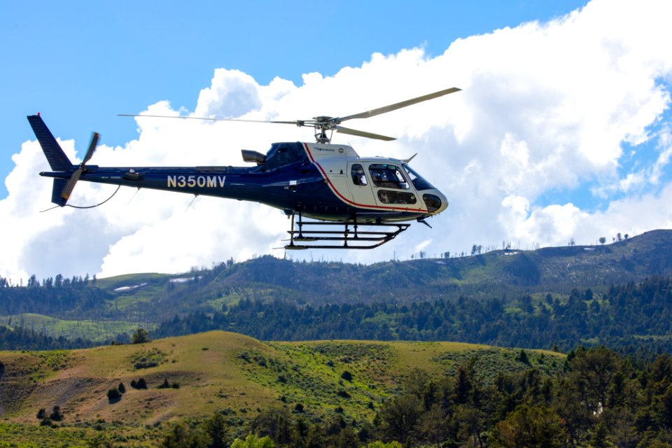 Heliocopter takes off from the Mammoth Hot Springs helibase