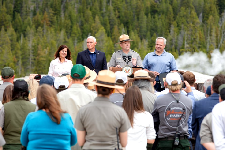 Superintendent Cam Sholly speaking to a group at Old Faithful