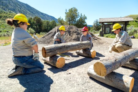 2018 YCC crews building bumper logs at Boiling River parking lot photo