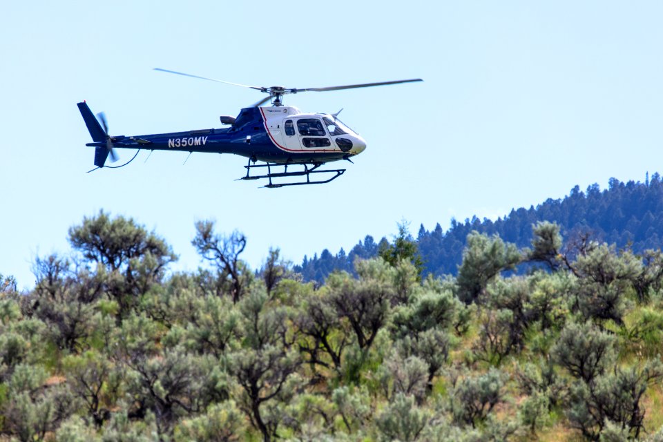 Heliocopter lands at the Mammoth Hot Springs helibase