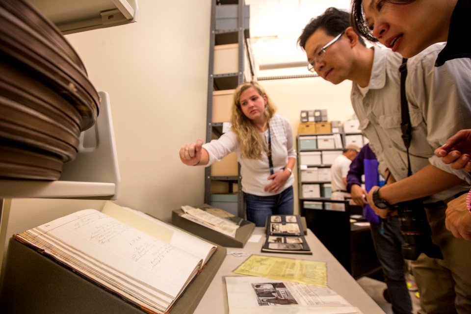Historic documents on display during a tour of the Heritage and Research Center