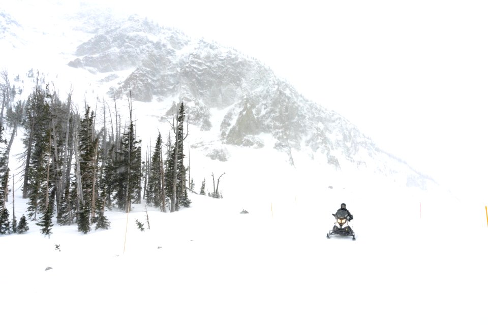 Snowmobiler riding eastbound over Sylvan Pass during a snow storm